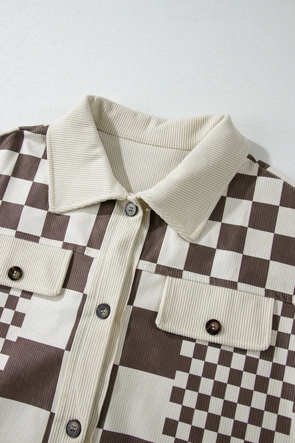 Brown Checkered Corduroy Button Up Shacket