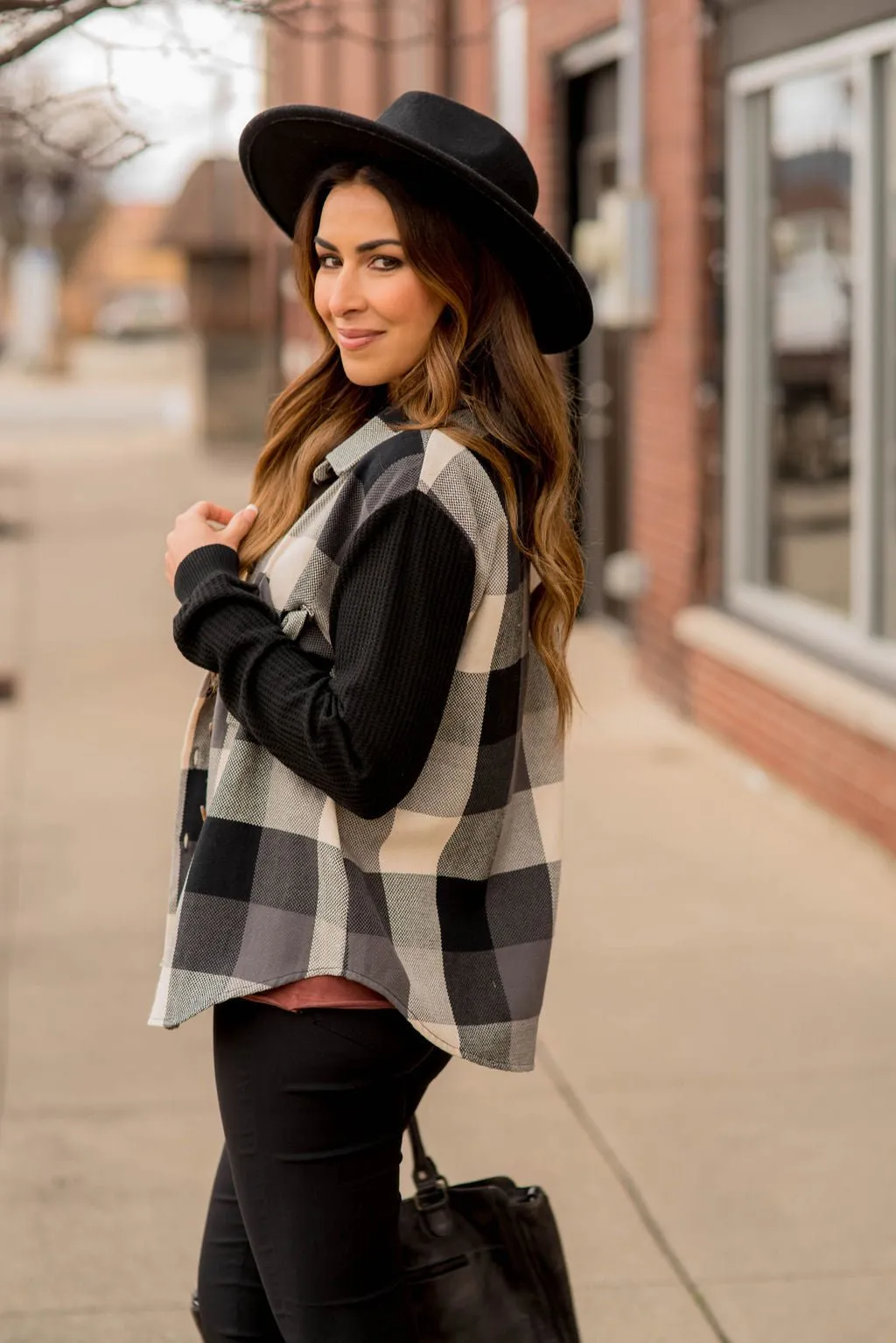 Buffalo Plaid Waffle Sleeve Shacket