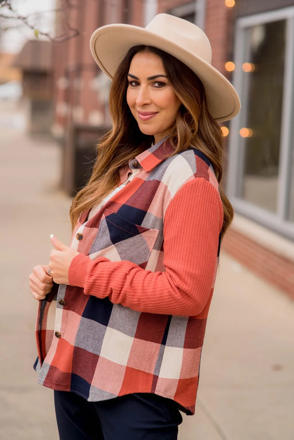 Buffalo Plaid Waffle Sleeve Shacket