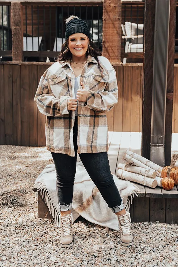 Cabin So Cozy Plaid Jacket In Khaki Curves