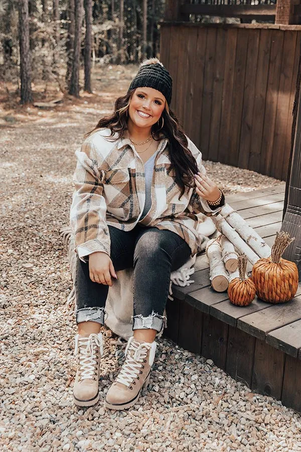 Cabin So Cozy Plaid Jacket In Khaki Curves