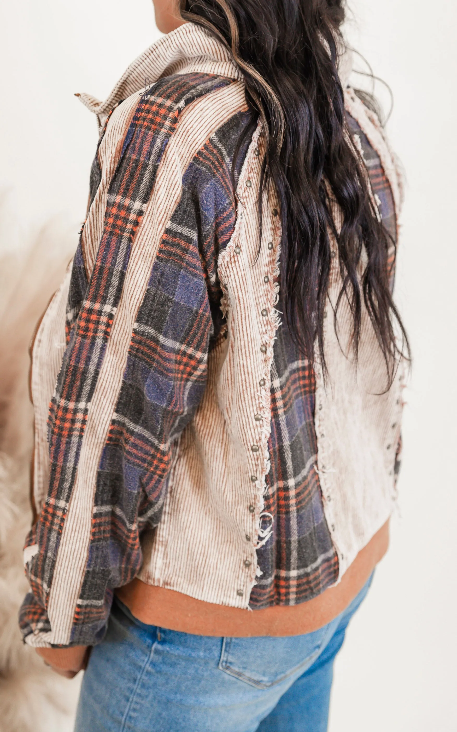 Camel Washed Corduroy Plaid Mixed Studded Jacket - Oli & Hali