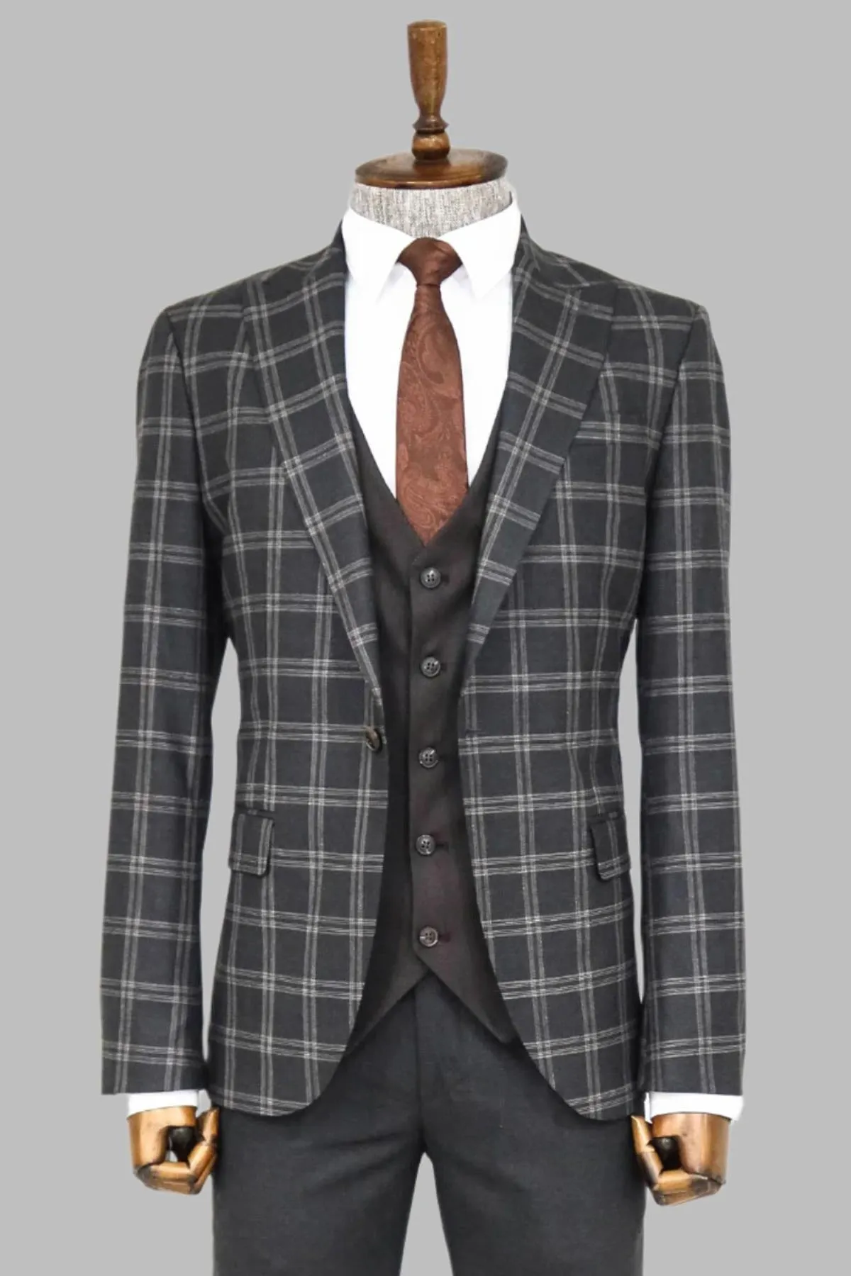 Checked Patterned Slim Fit Black Men Suit - Wessi