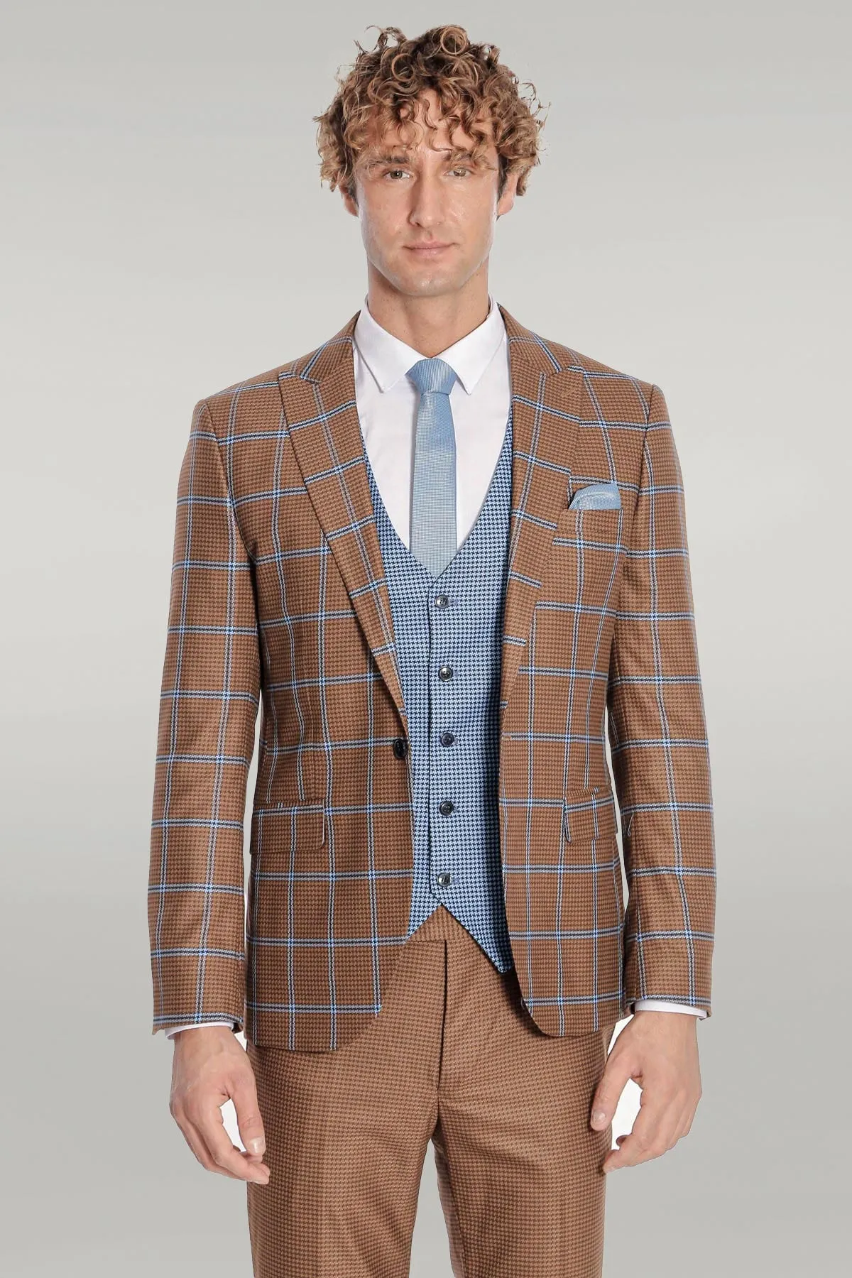 Checked Patterned Slim Fit Brown Men Suit - Wessi