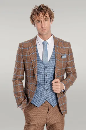 Checked Patterned Slim Fit Brown Men Suit - Wessi