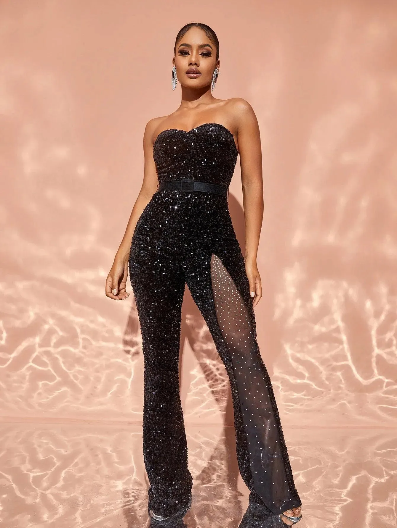 Chic Rhinestone Detail Sheer Mesh Contrast Sequin Tube Jumpsuit