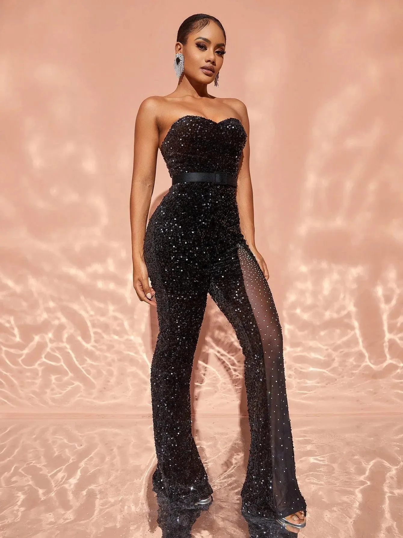 Chic Rhinestone Detail Sheer Mesh Contrast Sequin Tube Jumpsuit