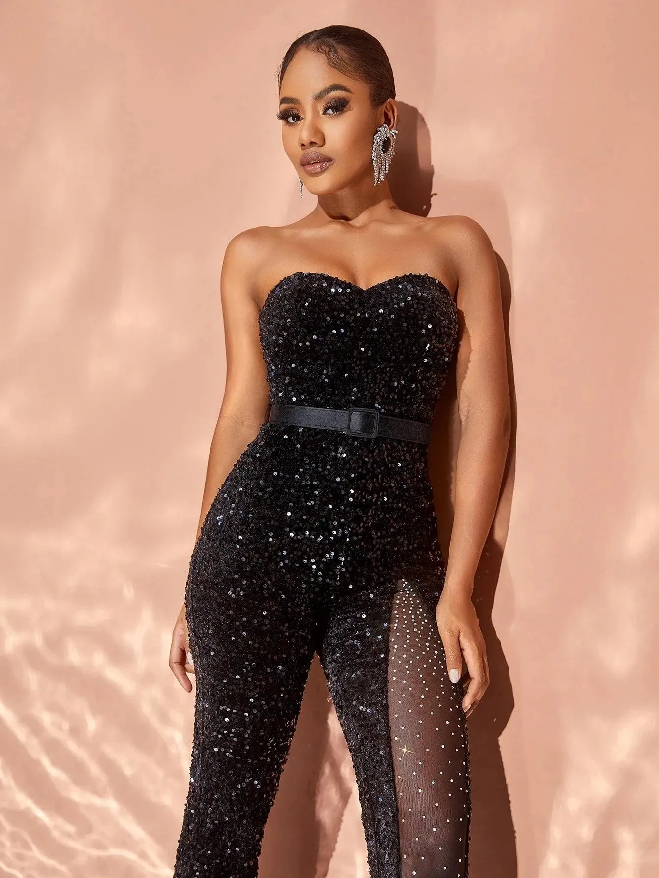 Chic Rhinestone Detail Sheer Mesh Contrast Sequin Tube Jumpsuit