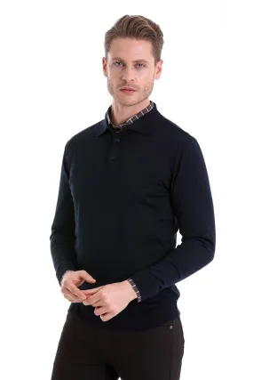 Comfort Fit Wool Blend Navy Polo Sweater