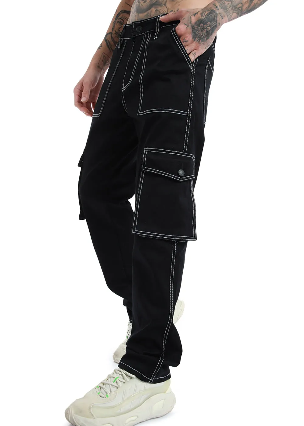 Contrast Stitched Black Denim Cargo