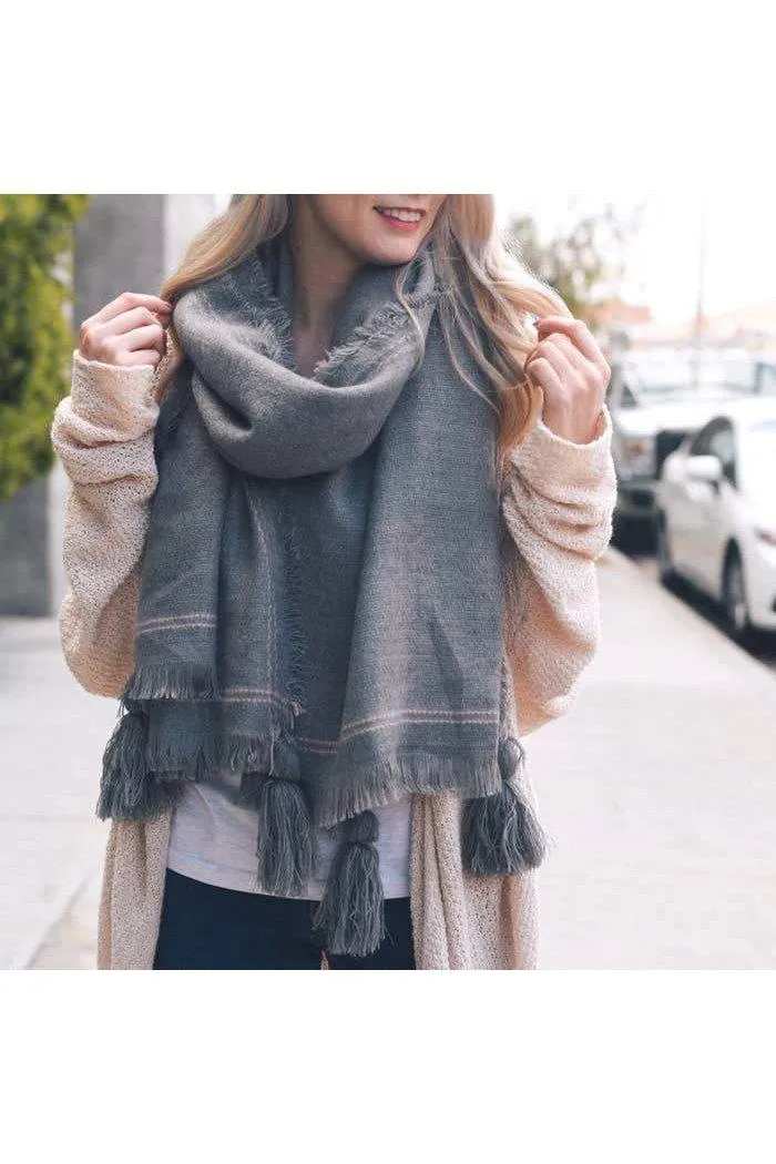 Corner Tassel Frayed Trim Blanket Scarf