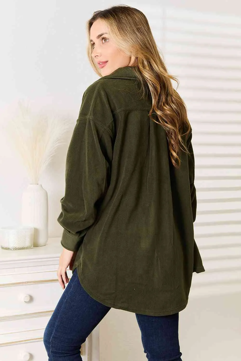 Cozy Girl Button Down Shacket-Army Green