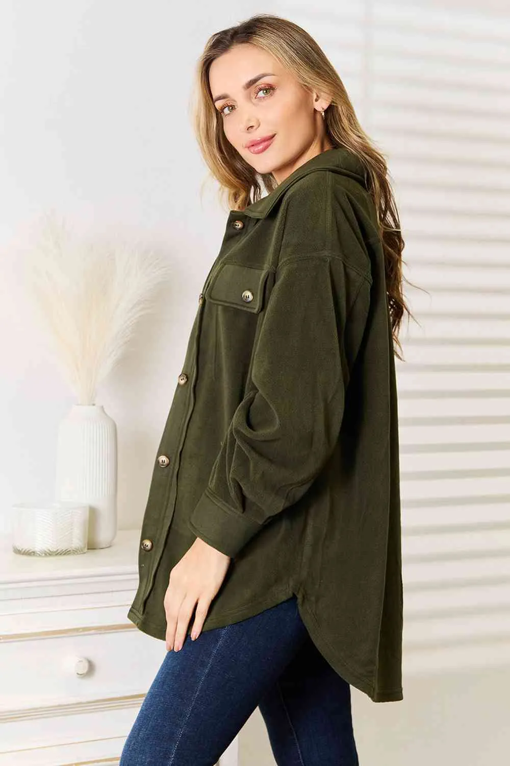 Cozy Girl Button Down Shacket-Army Green