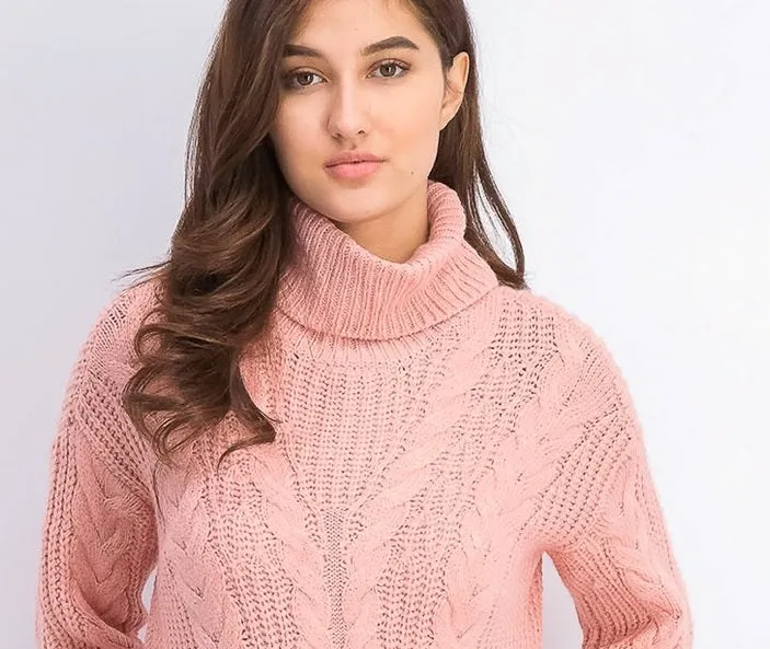 Crave Fame Juniors' Turtleneck Cable Knit Sweater Pink Size Small