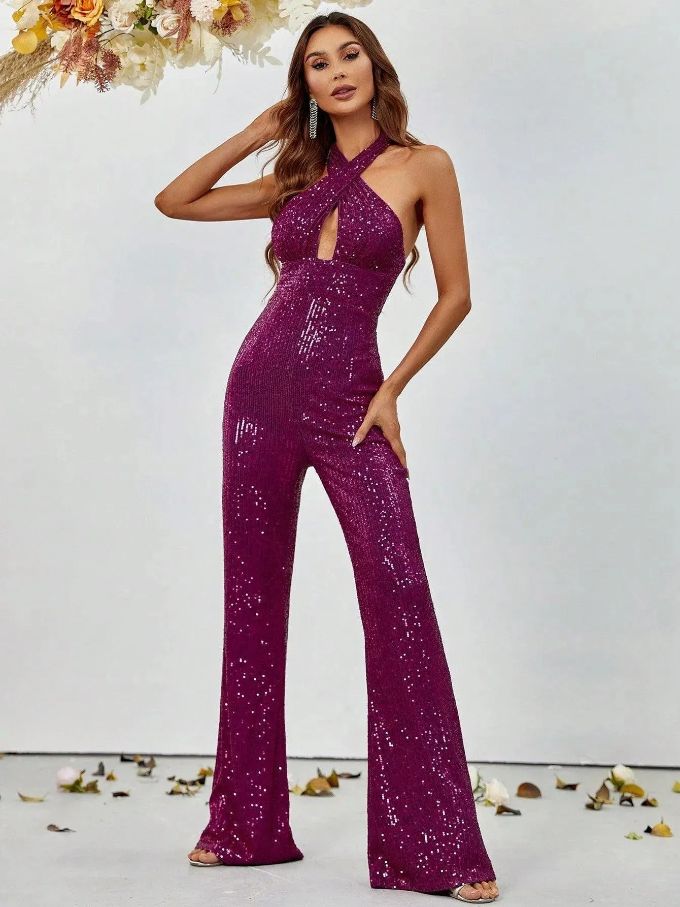 Crisscross Cut Out Sequin Flare Leg Jumpsuit