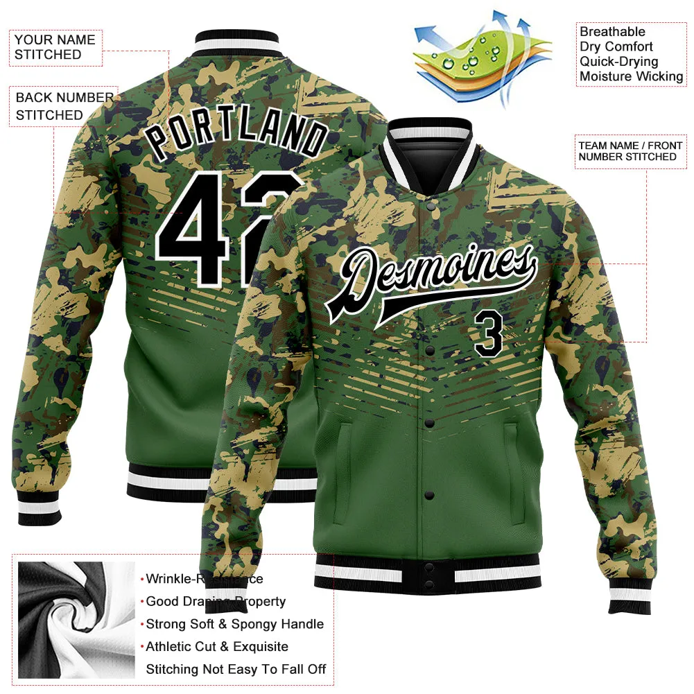 Custom Camo Black-Kelly Green 3D Bomber Full-Snap Varsity Letterman Salute To Service Jacket