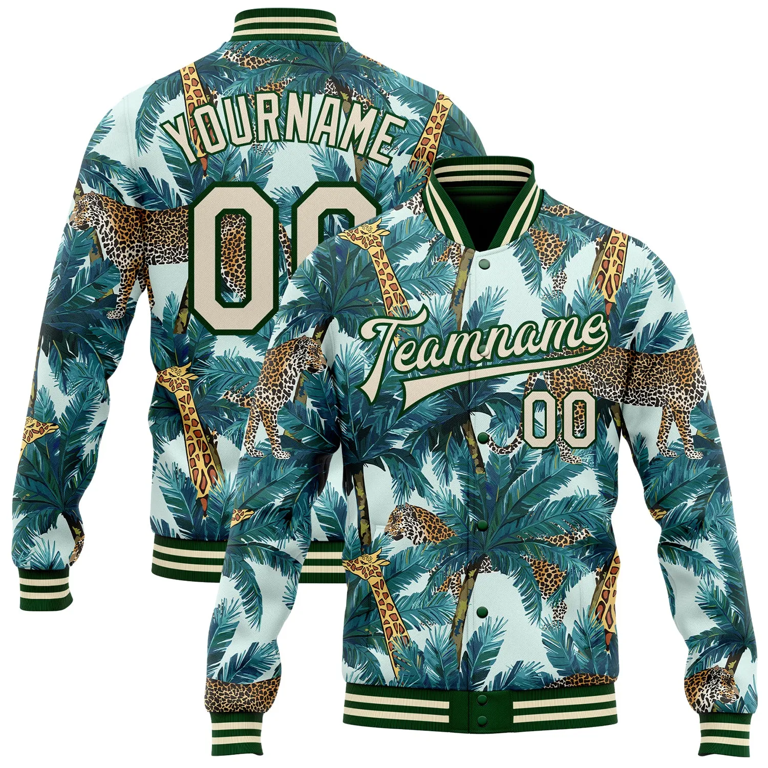 Custom Green Cream Tropical Tiger And Giraffe With Palms 3D Pattern Design Bomber Full-Snap Varsity Letterman Jacket