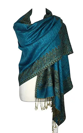 DB003-11 Turquoise Border Print Pashmina Scarf