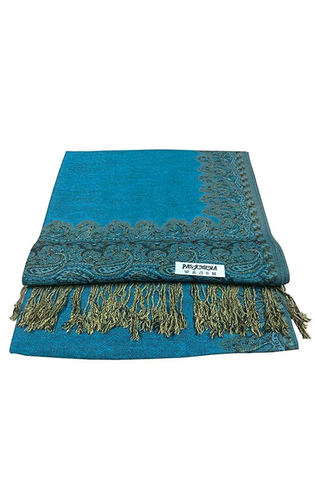 DB003-11 Turquoise Border Print Pashmina Scarf