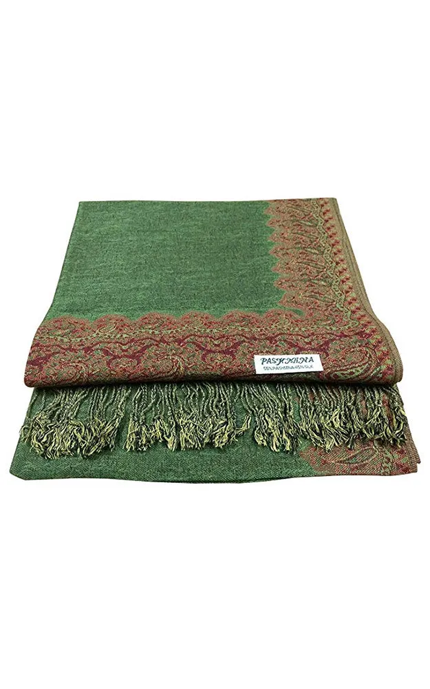 DB003-18 Olive Green Border Print Pashmina Scarf