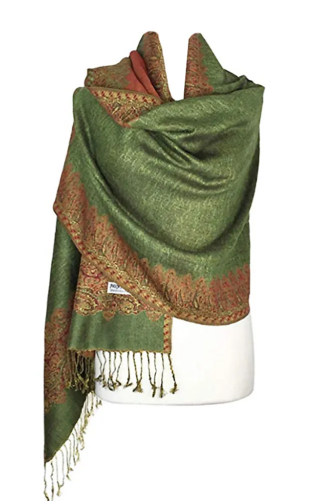 DB003-18 Olive Green Border Print Pashmina Scarf