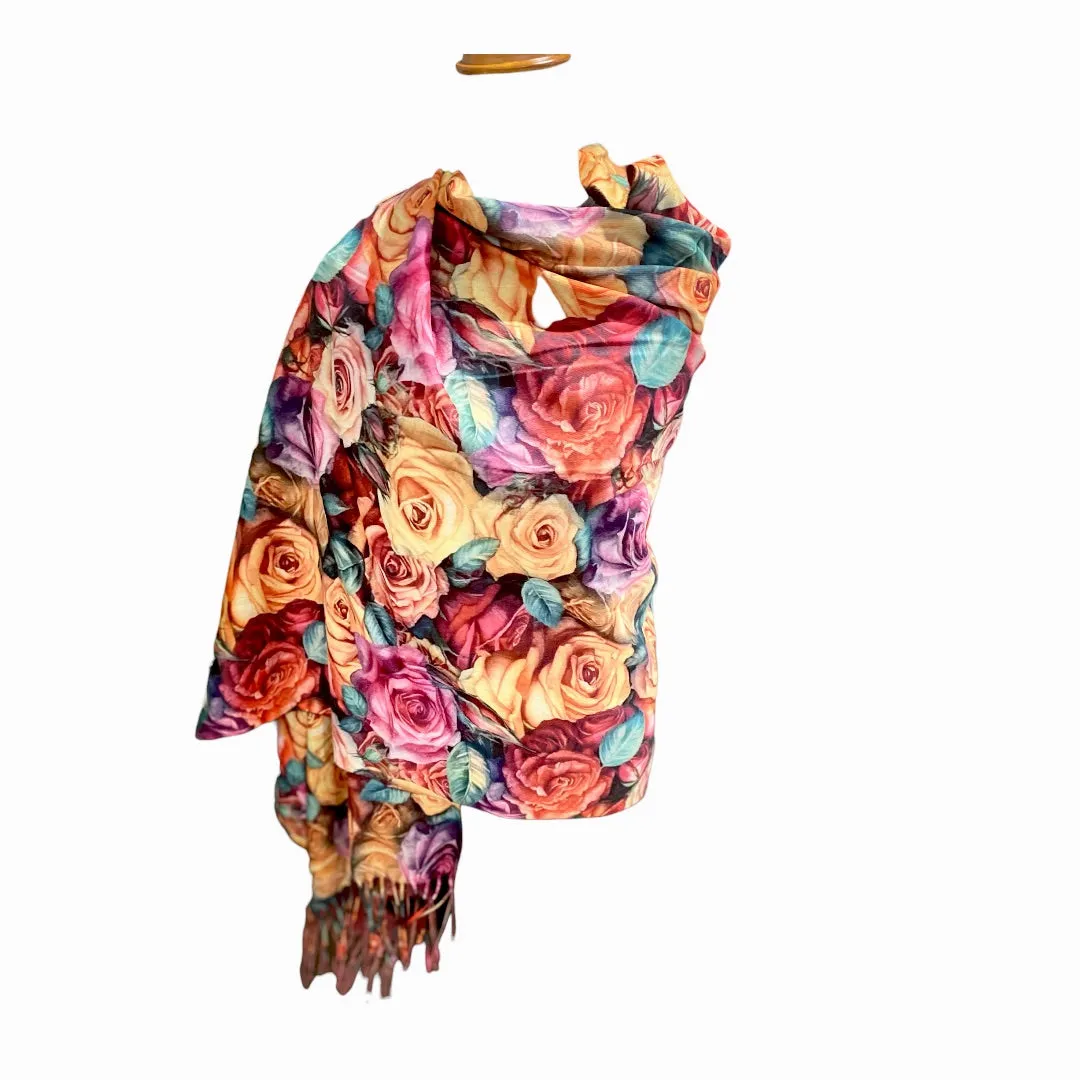 DEIA Black Floral Mixed Cashmere Blend Scarf - Sustainable & Soft