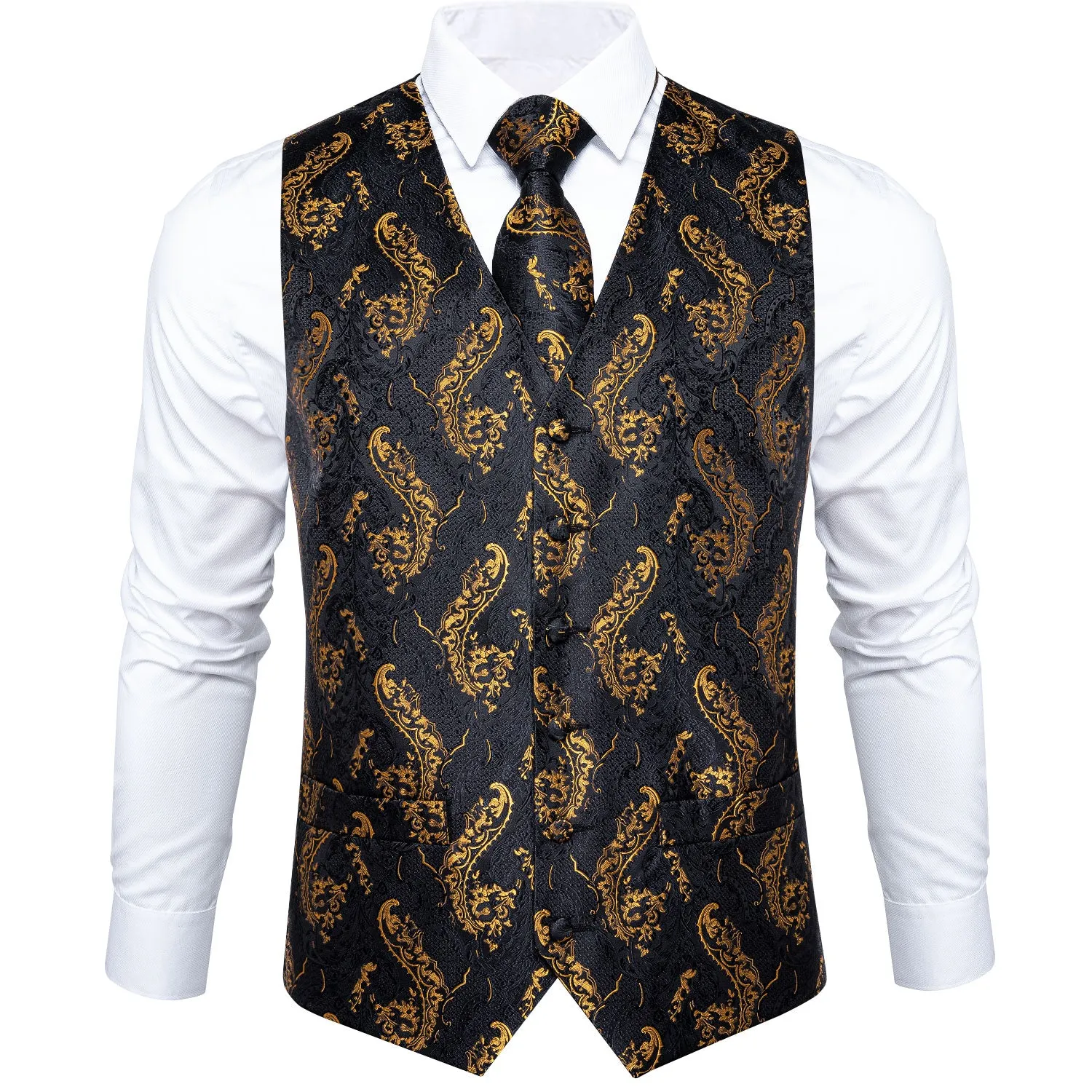 DiBanGu Mens Suit Vest Black Gold Floral Jacquard Silk Waistcoat Vest Tie Hanky Cufflinks