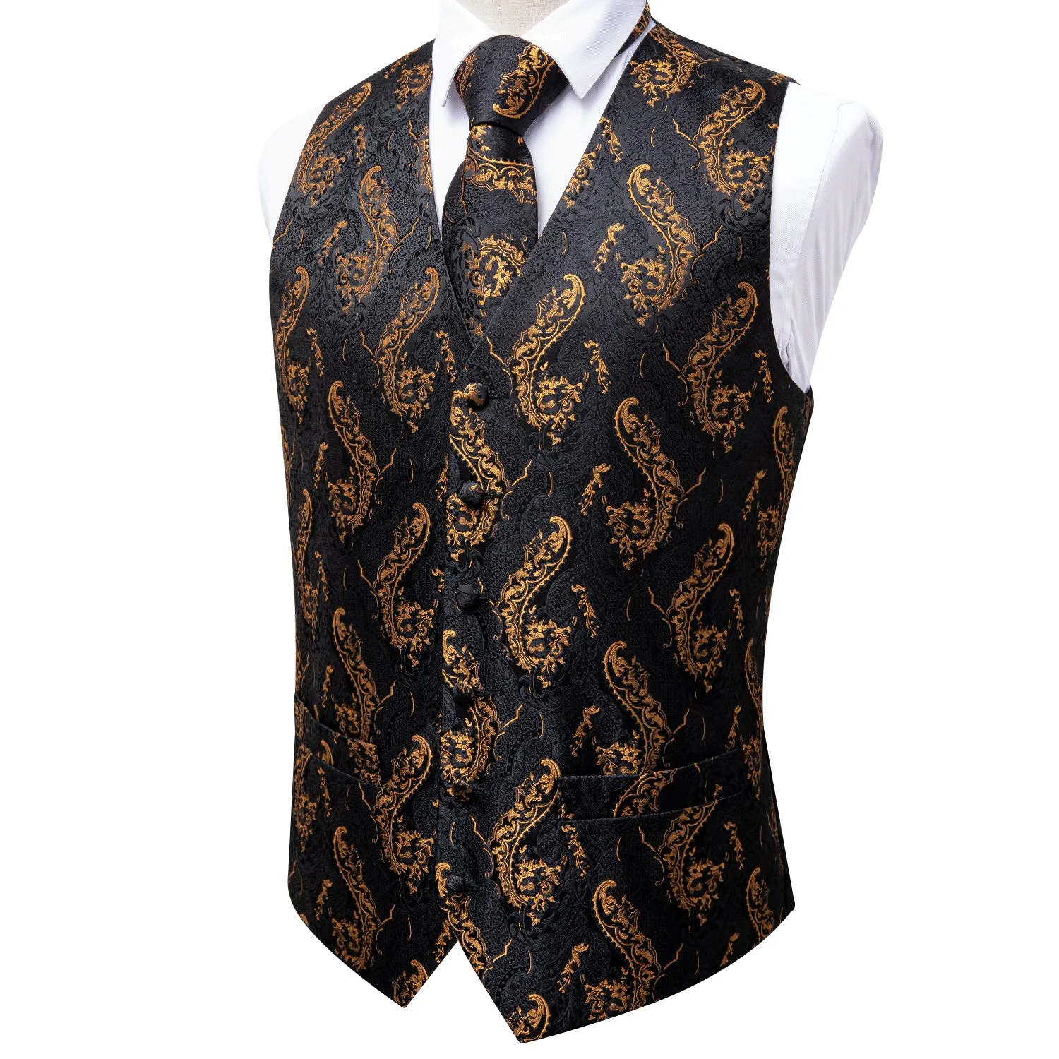 DiBanGu Mens Suit Vest Black Gold Floral Jacquard Silk Waistcoat Vest Tie Hanky Cufflinks