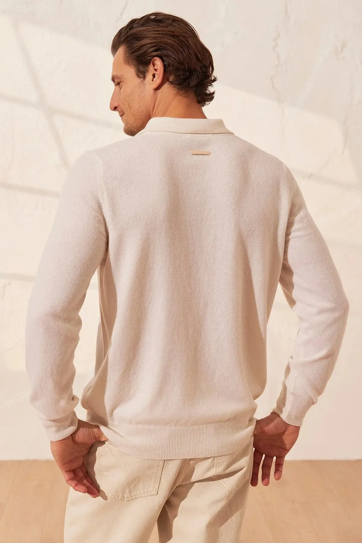 Ecru Pure Cashmere Polo Neck Long Sleeve Men's Sweater