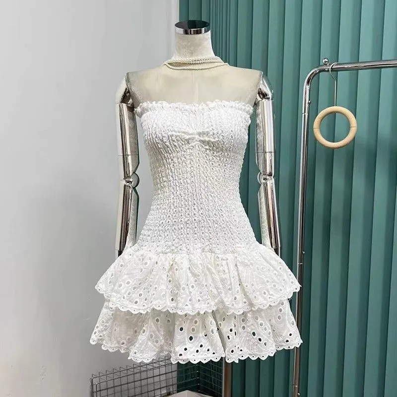 Eyelet Broderie Anglaise Shirred Bandeau Layered Ruffle Short Dress