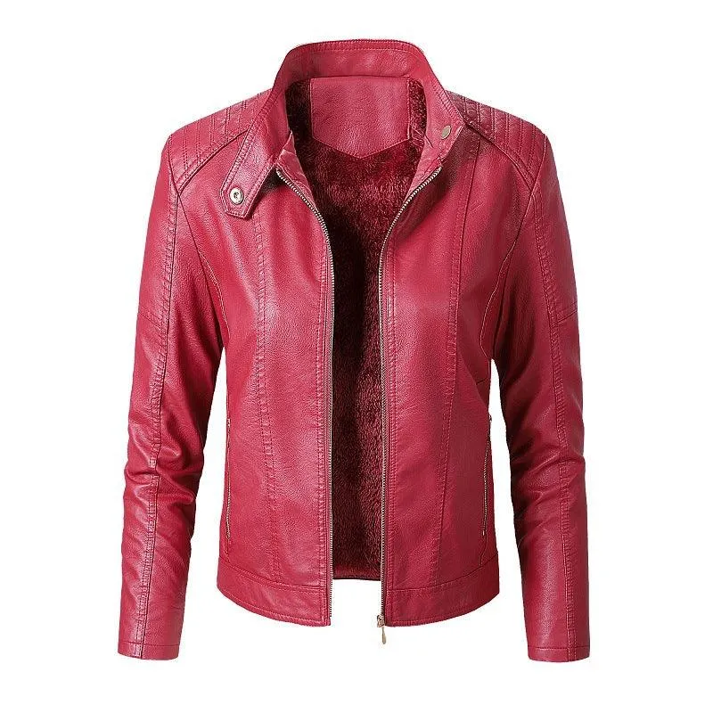 Fashionable Women's PU Leather Jacket with Velvet Lining