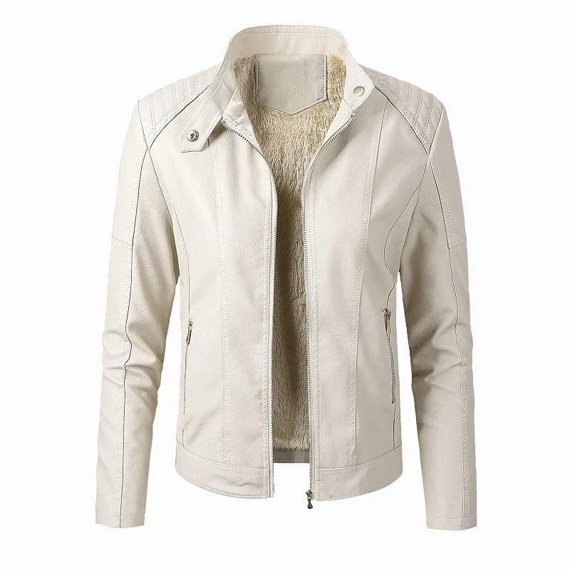 Fashionable Women's PU Leather Jacket with Velvet Lining