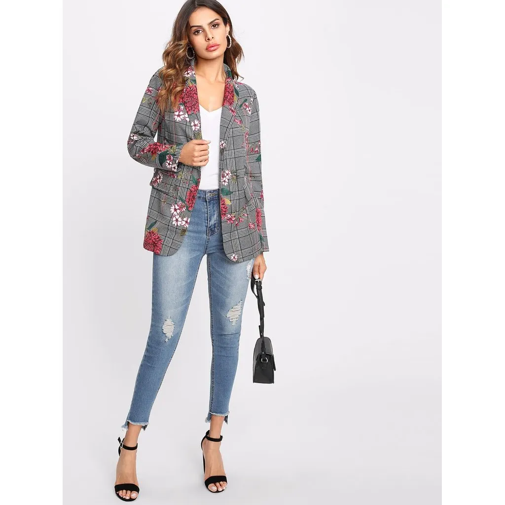 Faux Pocket Detail Floral And Plaid Blazer