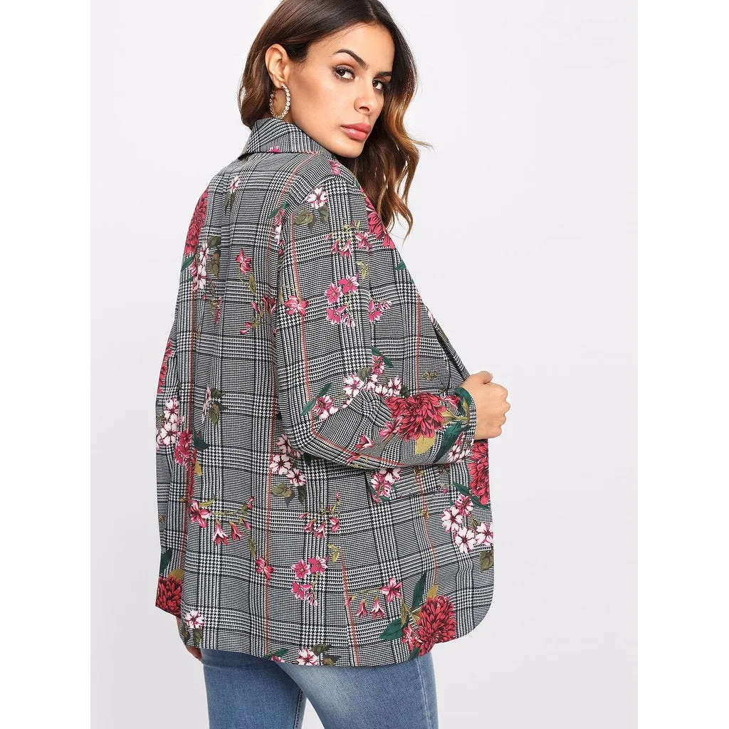 Faux Pocket Detail Floral And Plaid Blazer