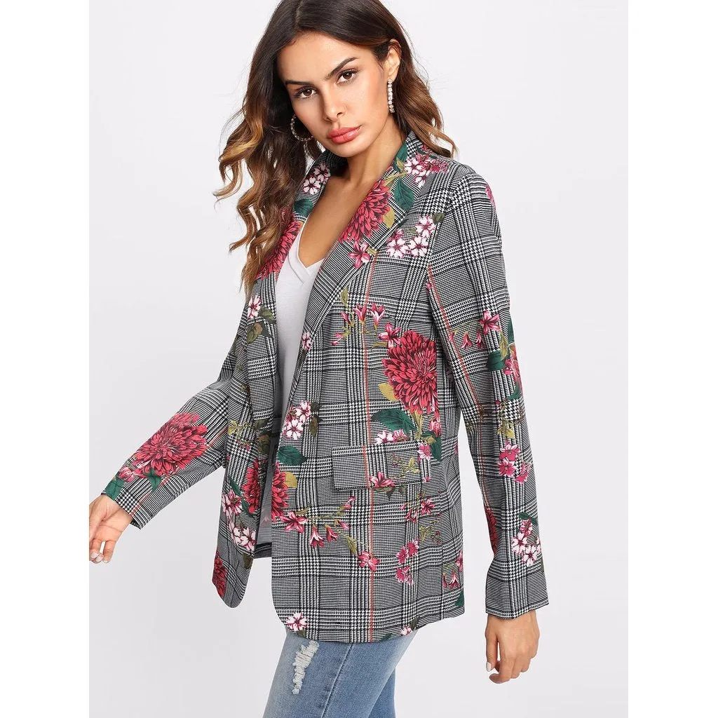 Faux Pocket Detail Floral And Plaid Blazer