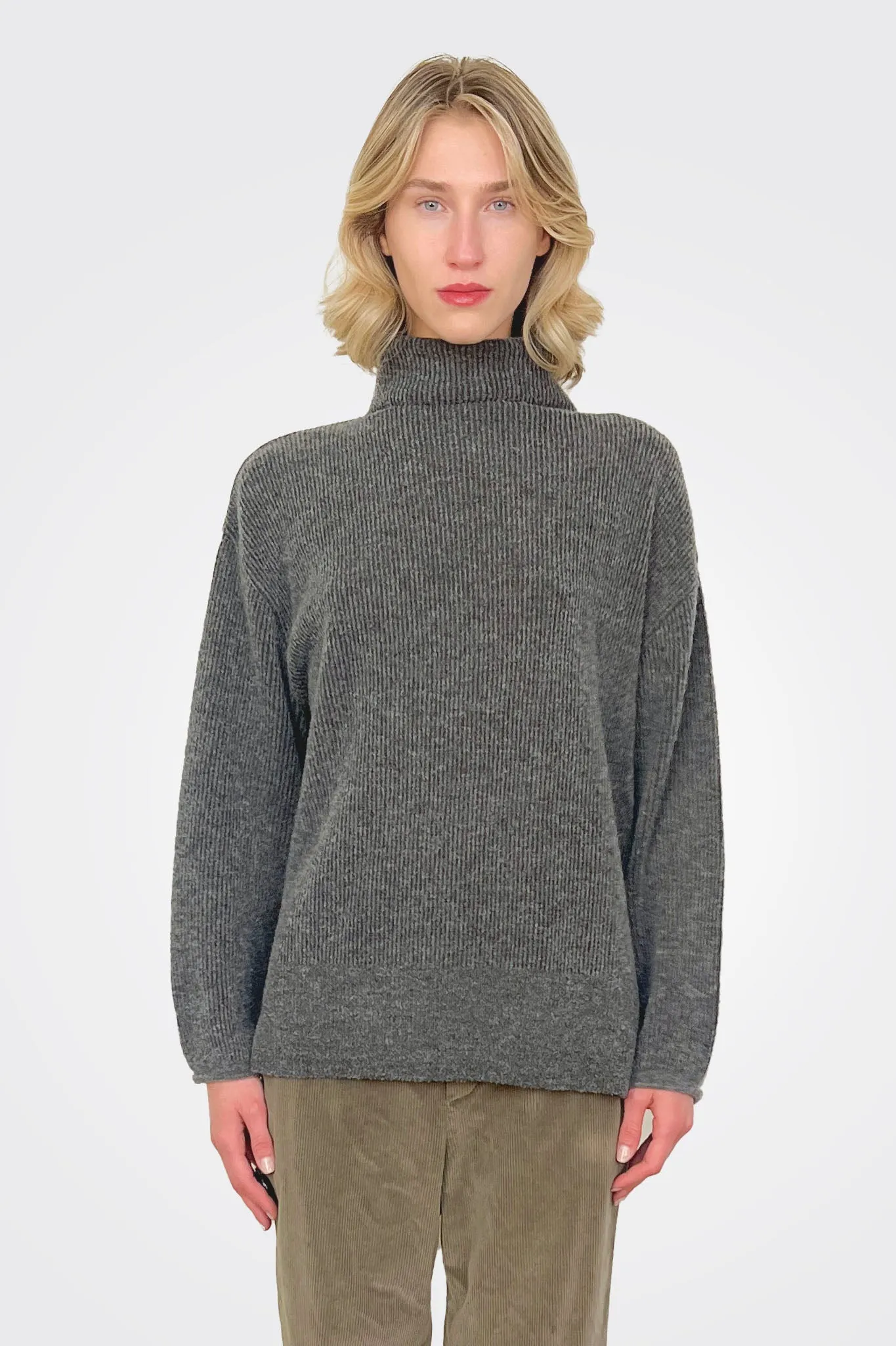 Fine Boucle Knit Turtleneck - Heather Grey