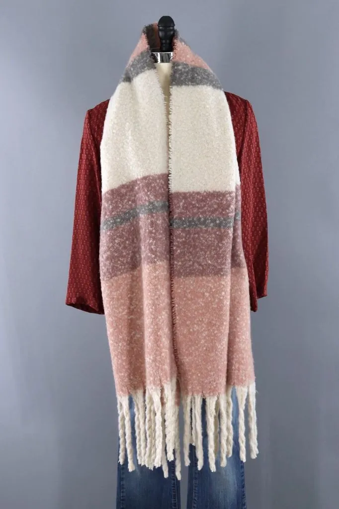 Fuzzy Scarf Wrap / Pink & Grey Stripes