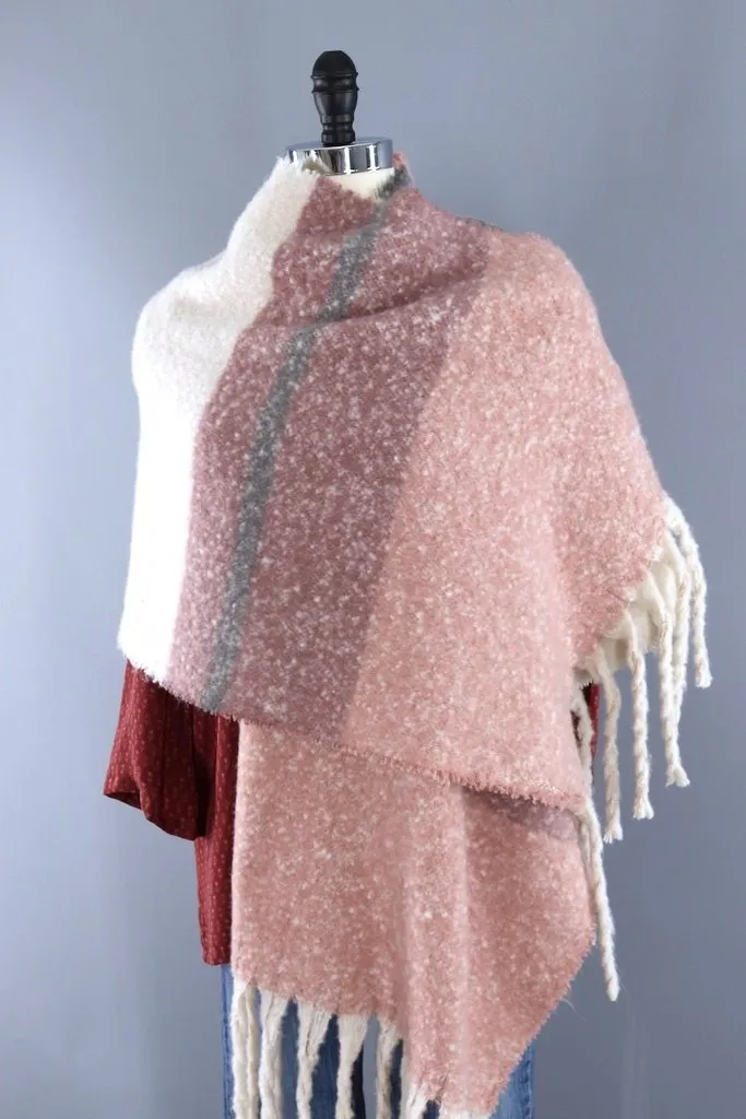 Fuzzy Scarf Wrap / Pink & Grey Stripes