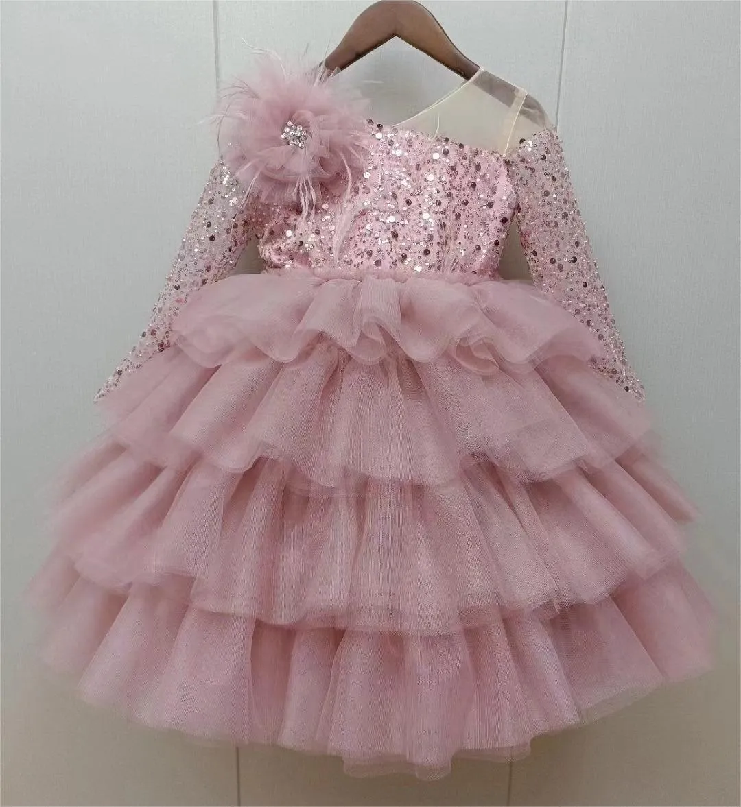 Girls' bow lace long sleeved princess dress Dreamy Sequin One-Shoulder Birthday Party Dress