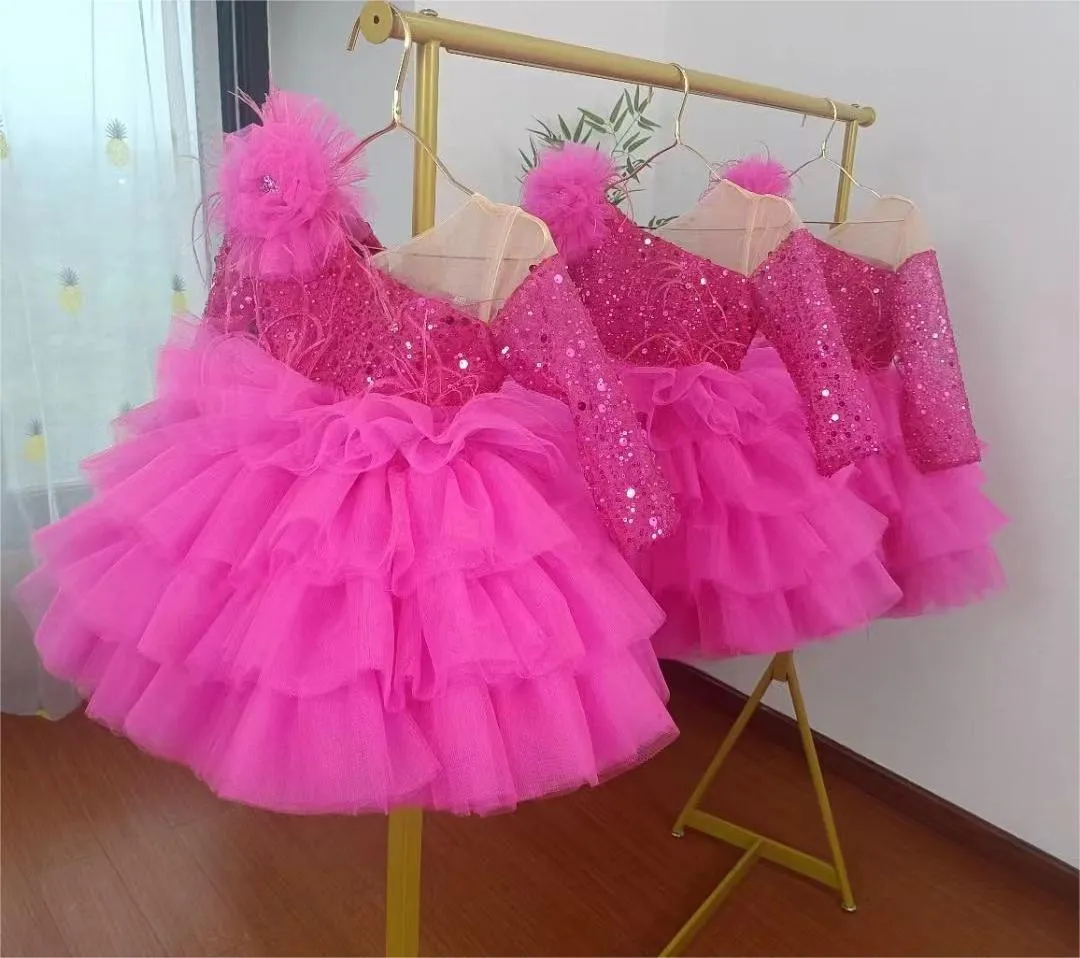 Girls' bow lace long sleeved princess dress Dreamy Sequin One-Shoulder Birthday Party Dress