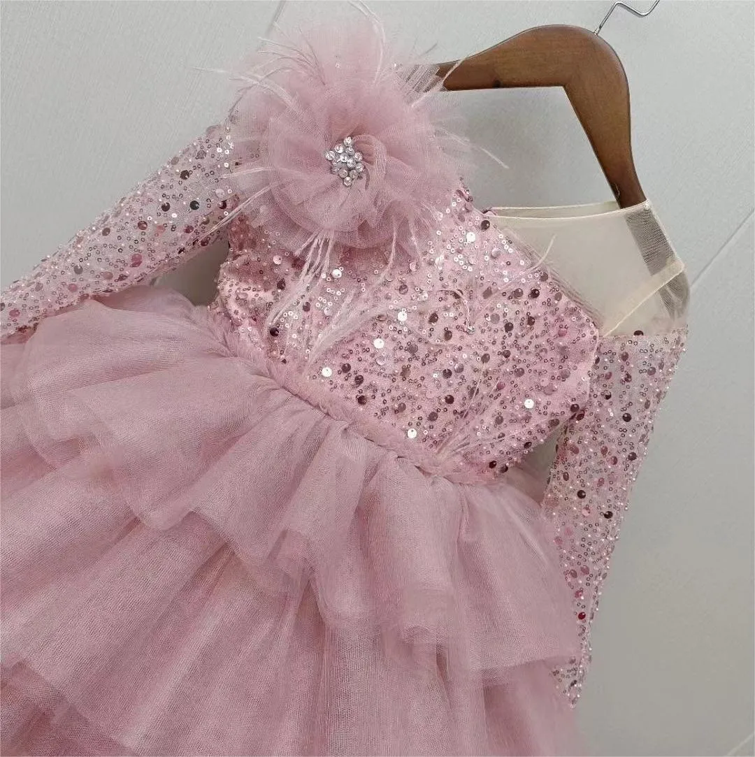 Girls' bow lace long sleeved princess dress Dreamy Sequin One-Shoulder Birthday Party Dress