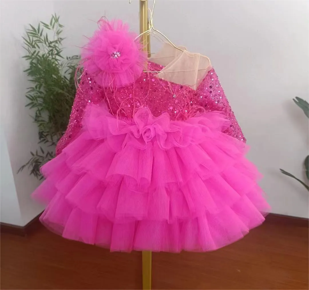 Girls' bow lace long sleeved princess dress Dreamy Sequin One-Shoulder Birthday Party Dress