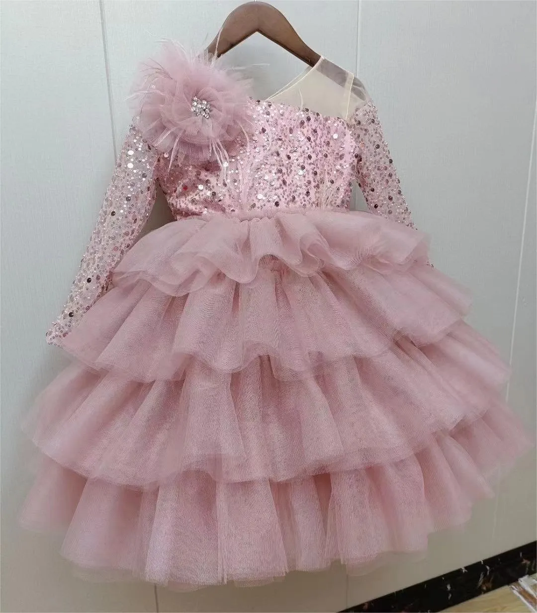 Girls' bow lace long sleeved princess dress Dreamy Sequin One-Shoulder Birthday Party Dress