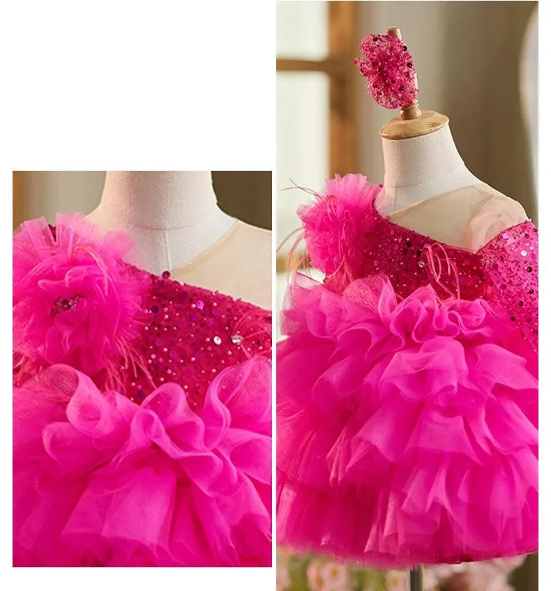 Girls' bow lace long sleeved princess dress Dreamy Sequin One-Shoulder Birthday Party Dress