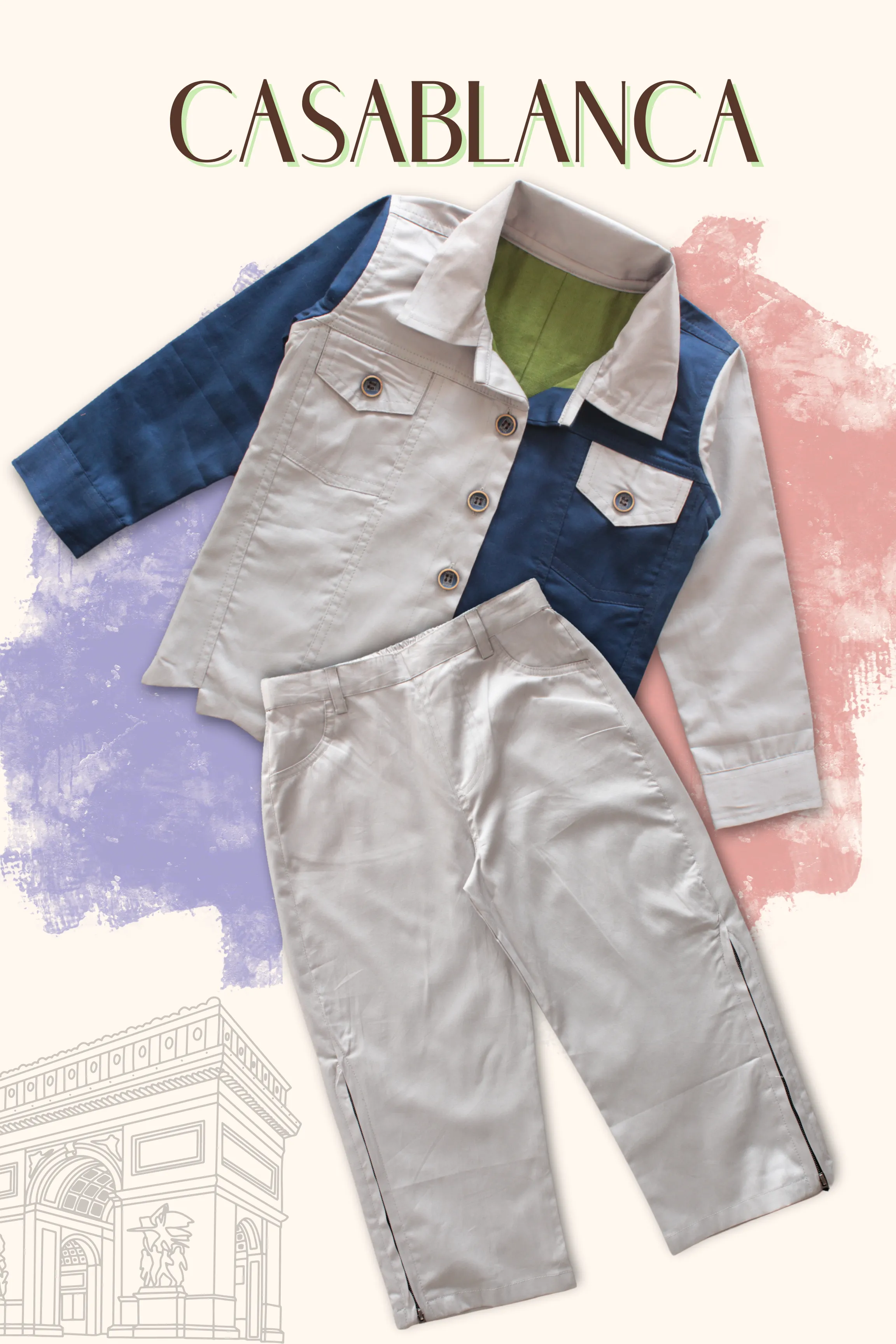 Girls Casablanca Color Block Shacket with Pants Set - Blue & Grey