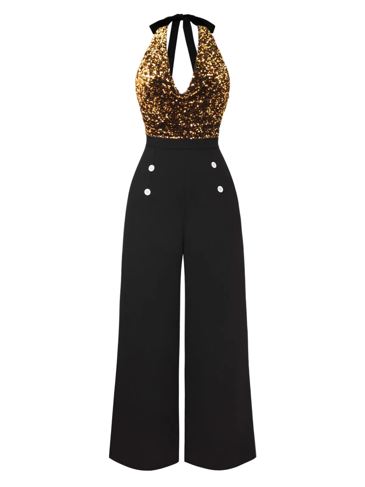 Gold 1930s Cowl Neck Sequined Jumpsuit