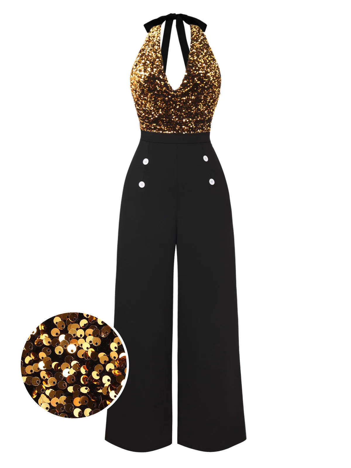 Gold 1930s Cowl Neck Sequined Jumpsuit