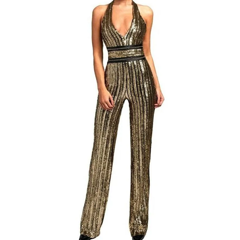 Gold Sequin Striped Jumpsuit