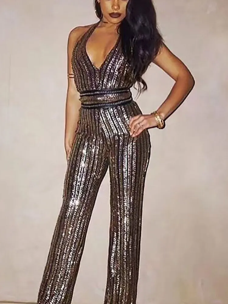 Golden Glitter V-Neck Jumpsuit Women Sexy Skinny Backless Bodycon Jumpsuits