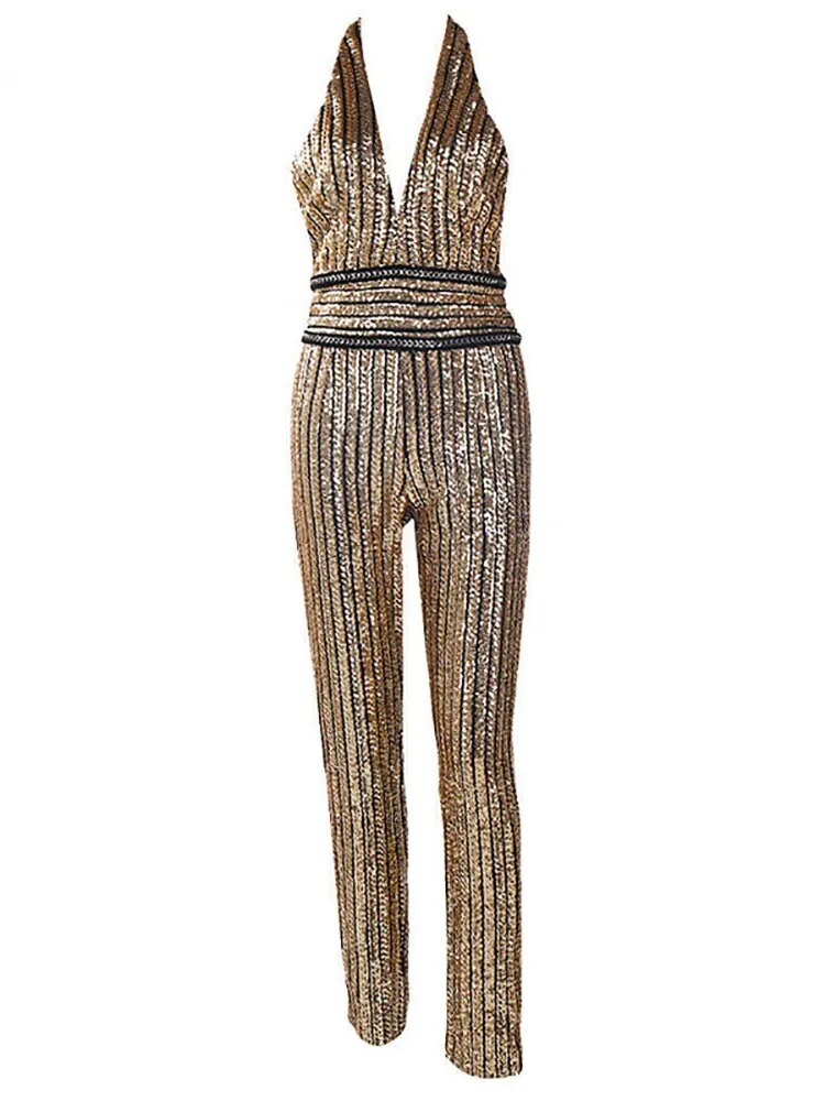 Golden Glitter V-Neck Jumpsuit Women Sexy Skinny Backless Bodycon Jumpsuits